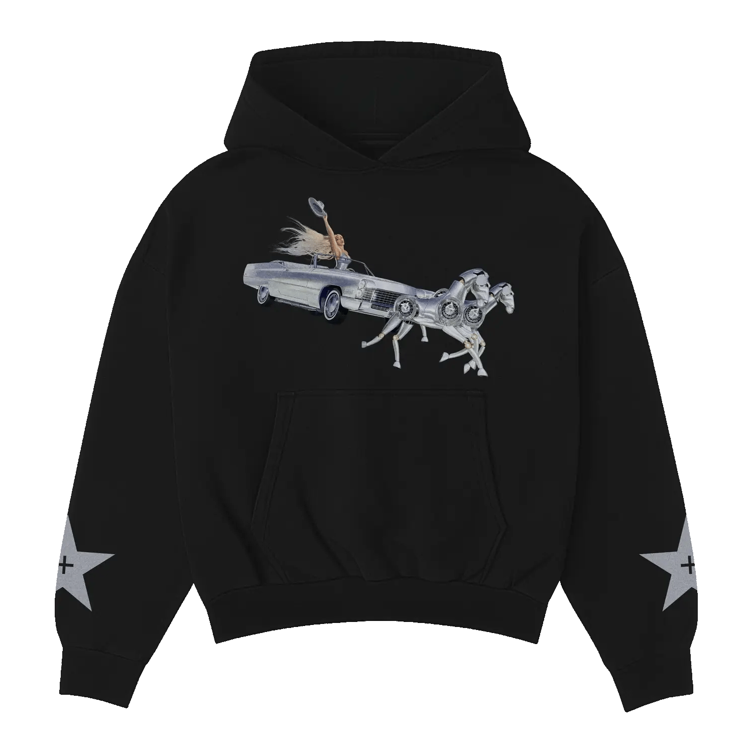 Beyoncé Silver Sleigh hoodie front with black fabric, silver car graphic, and white star sleeve details