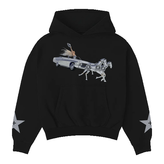 Beyoncé Silver Sleigh hoodie front with black fabric, silver car graphic, and white star sleeve details
