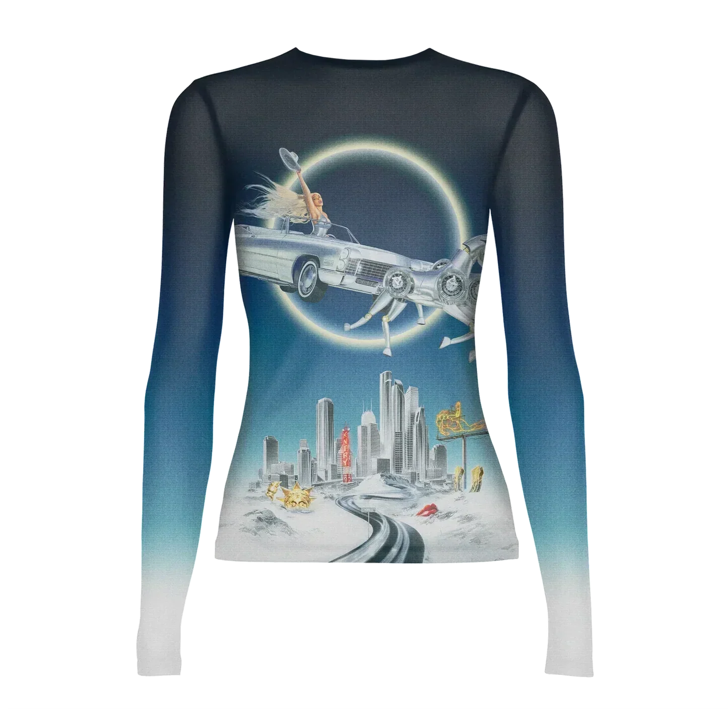 Beyoncé Silver Sleigh mesh long sleeve front alt view with blue ombre sleeves and winter skyline graphic