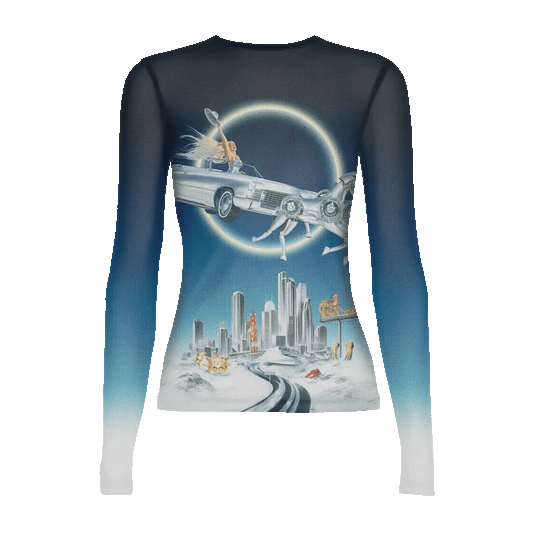Beyoncé Silver Sleigh mesh long sleeve front with blue gradient city scene and silver car graphic