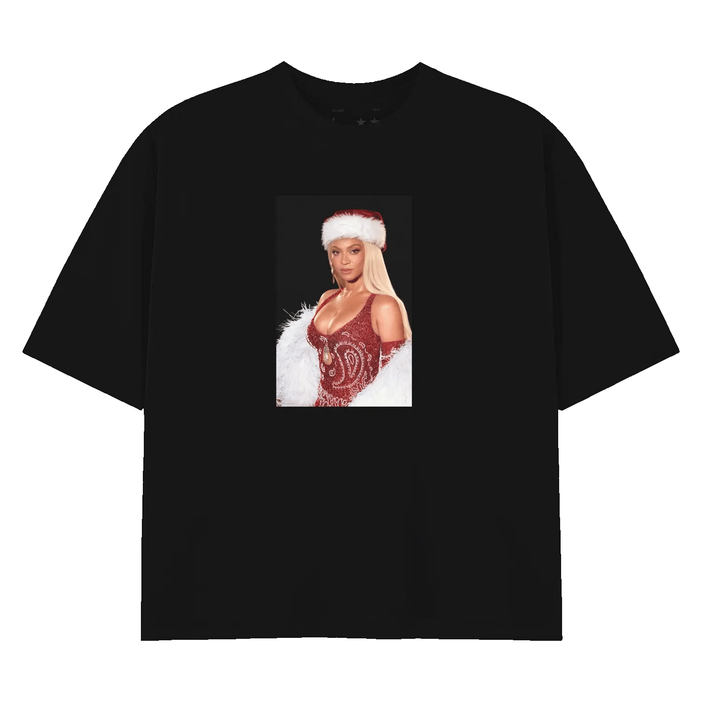 Beyoncé Sleigh Face black tee front view with holiday portrait graphic in Santa hat