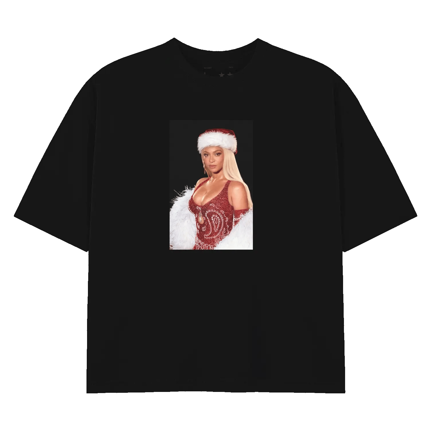 Beyoncé Sleigh Face black tee front view with holiday portrait graphic in Santa hat