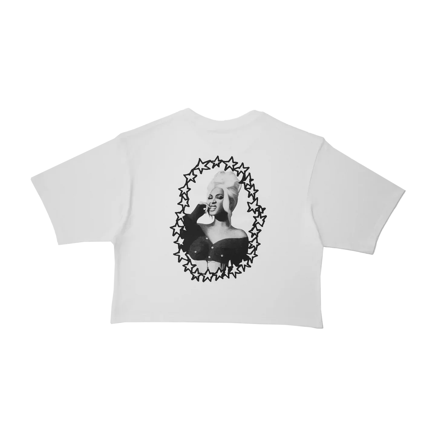 Beyoncé Sticky Sweet white crop tee back view with portrait graphic inside star frame