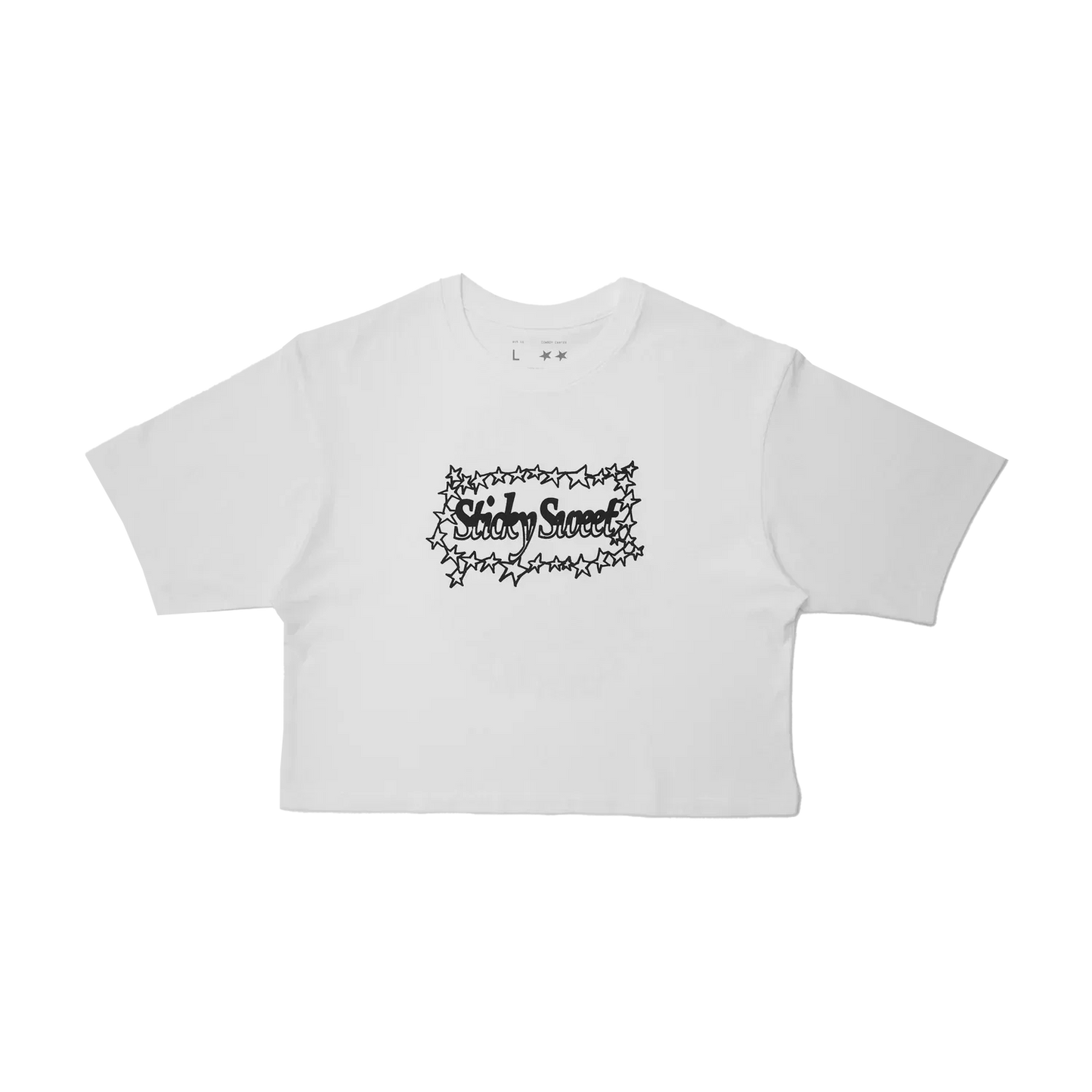 Beyoncé Sticky Sweet white crop tee front view with star frame logo graphic