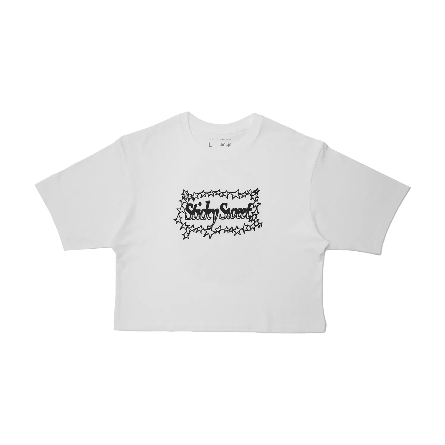 Beyoncé Sticky Sweet white crop tee front view with star frame logo graphic
