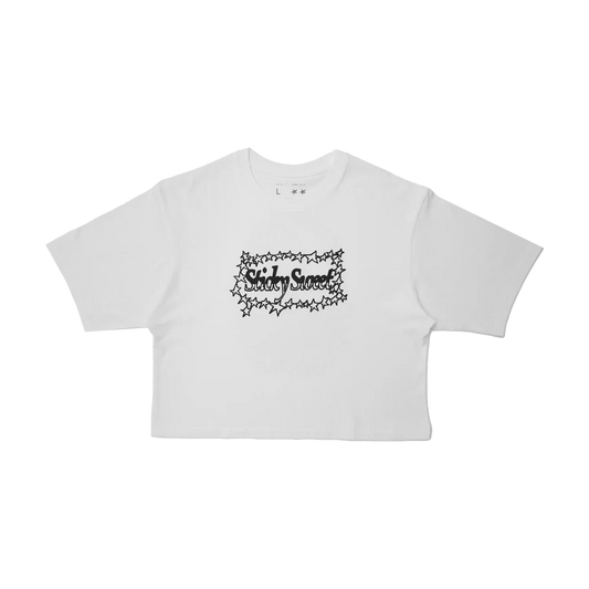 Beyoncé Sticky Sweet white crop tee front view with star frame logo graphic