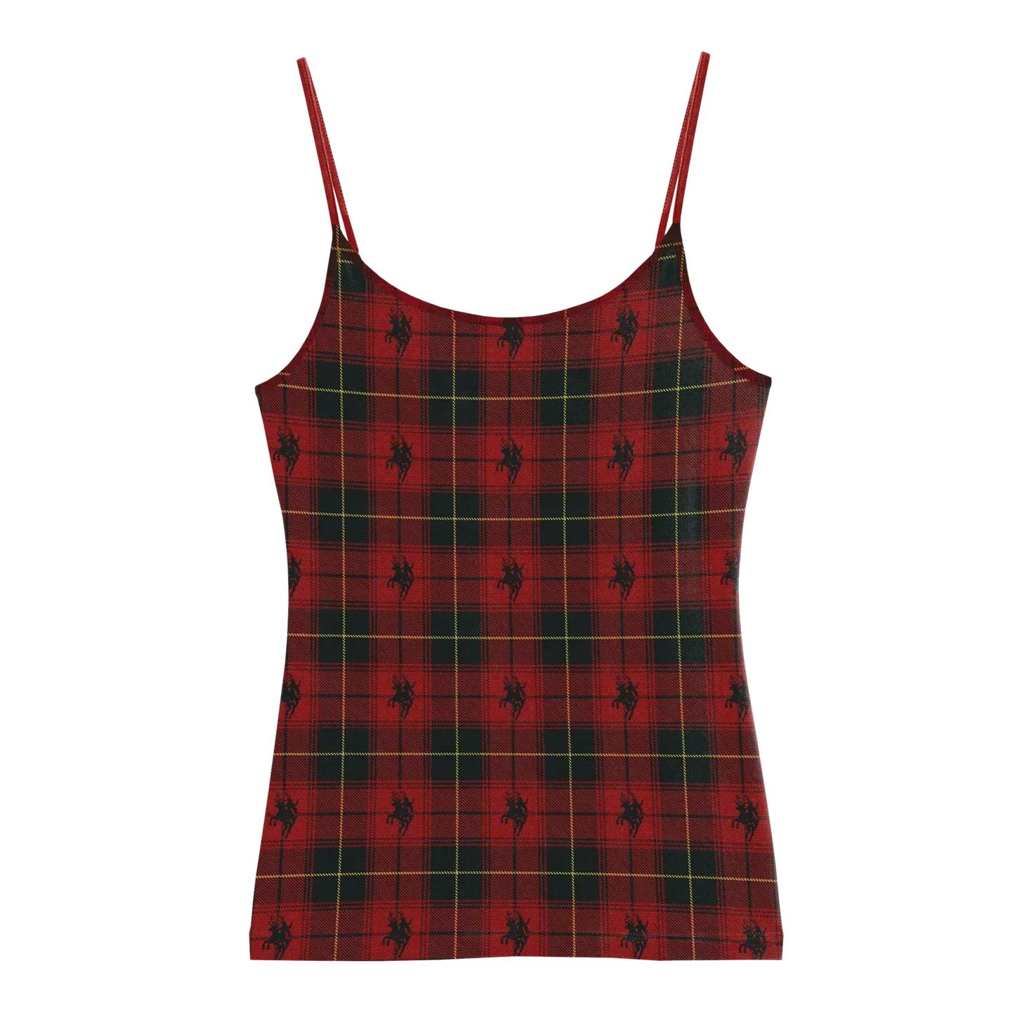Red tartan Beyoncé merch tank front view with plaid pattern and repeating black horse rider motif
