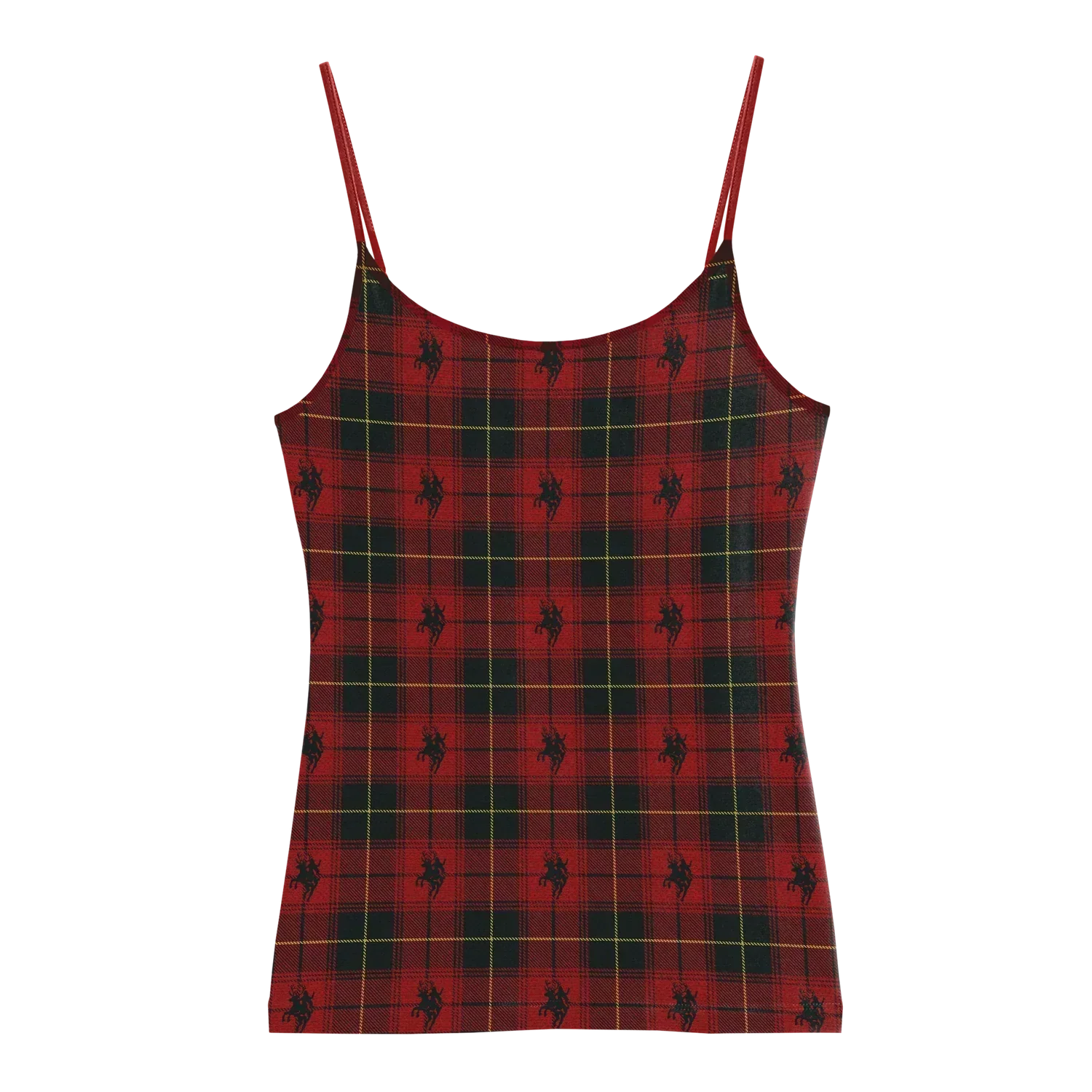 Red tartan Beyoncé merch tank front view with plaid pattern and repeating black horse rider motif