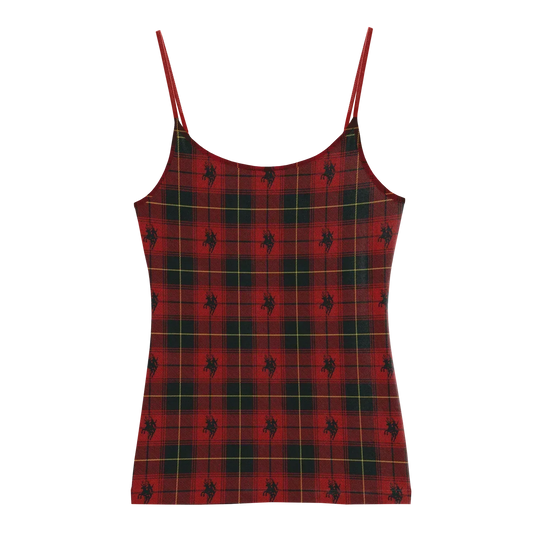 Red tartan Beyoncé merch tank front view with plaid pattern and repeating black horse rider motif