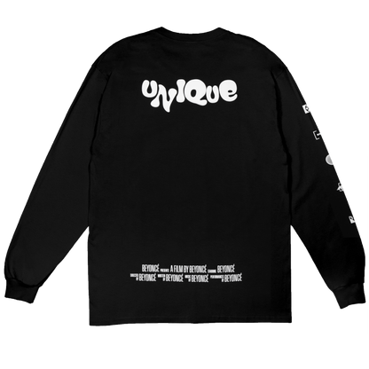 Black Beyoncé merch Unique Long Sleeve Tee back view with white Beyoncé film credit text