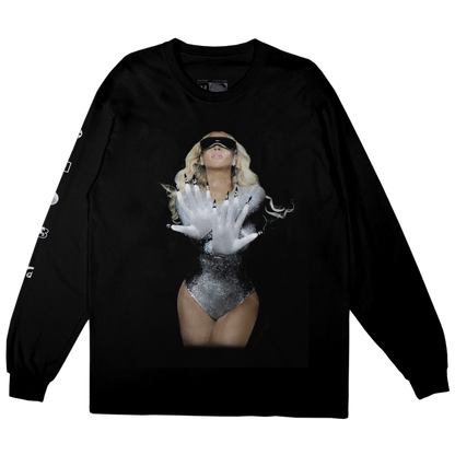 Black Beyoncé merch Unique Long Sleeve Tee front view with Renaissance film graphic and white text