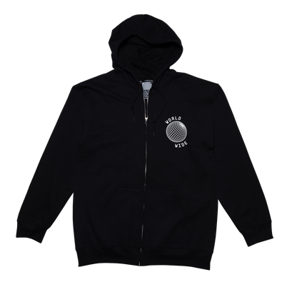 Black Worldwide full-zip hoodie with globe chest graphic, Beyoncé merch front view