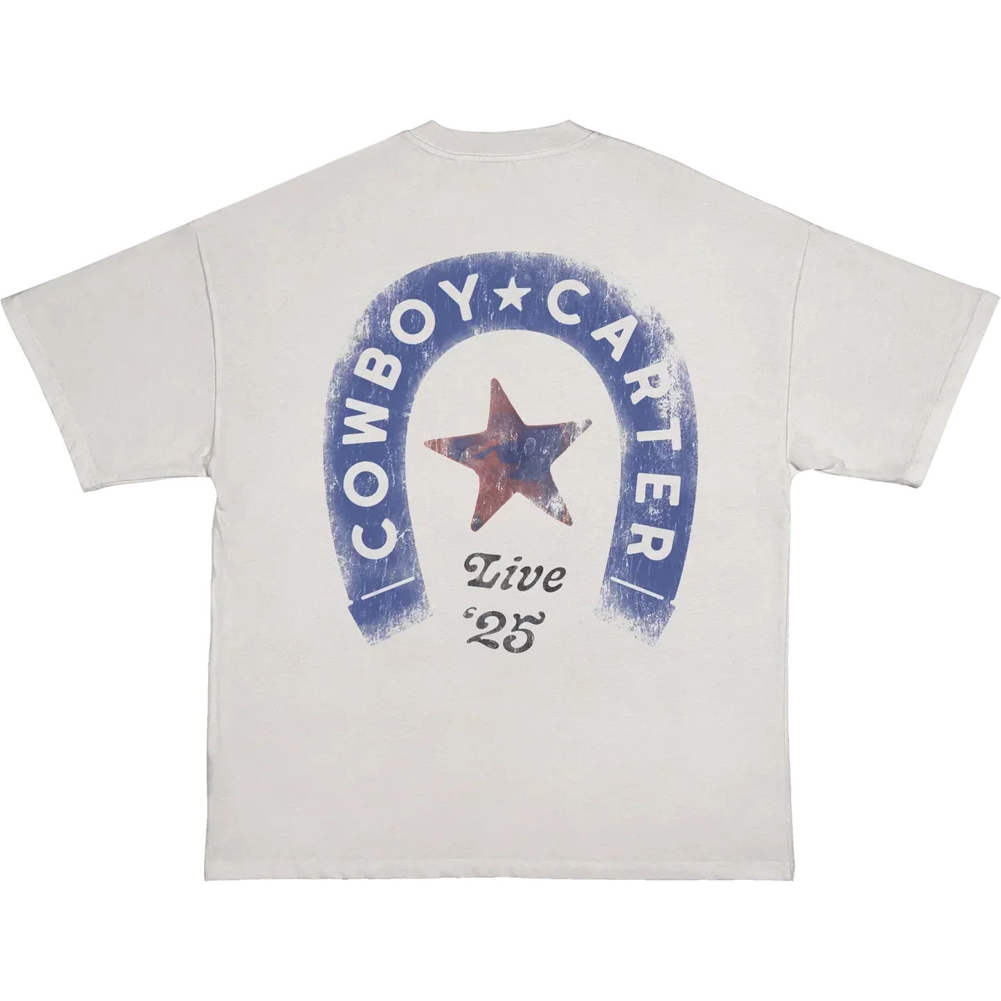 White Beyoncé merch YAYA tee back view with Cowboy Carter horseshoe, star, and Live 25 text