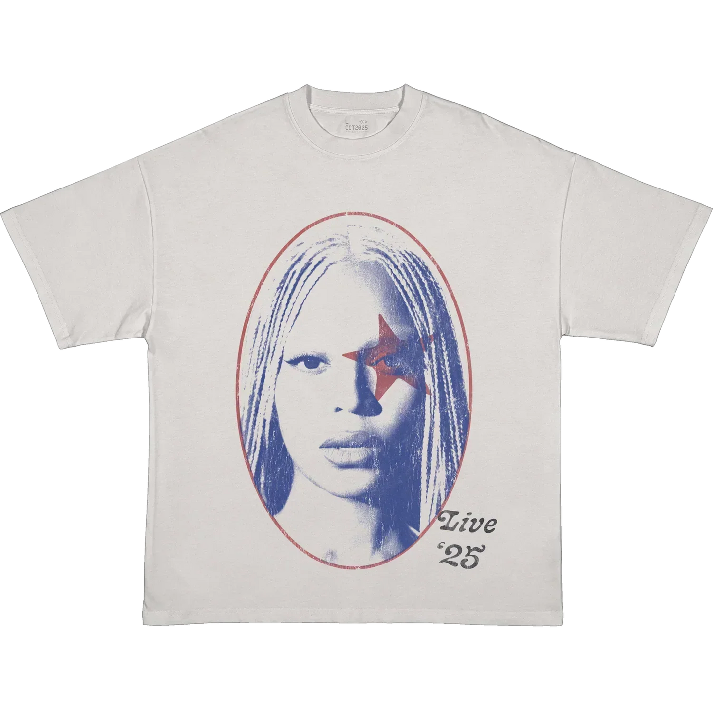 White Beyoncé merch YAYA tee front view with portrait graphic, red star, and Live 25 text