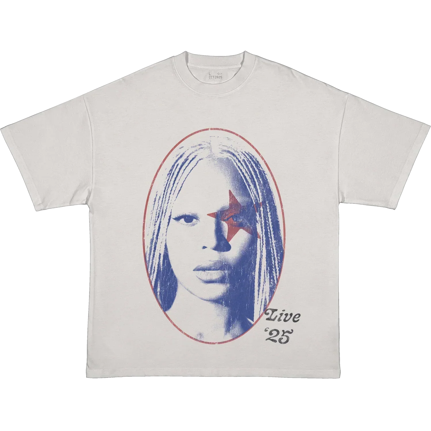 White Beyoncé merch YAYA tee front view with portrait graphic, red star, and Live 25 text