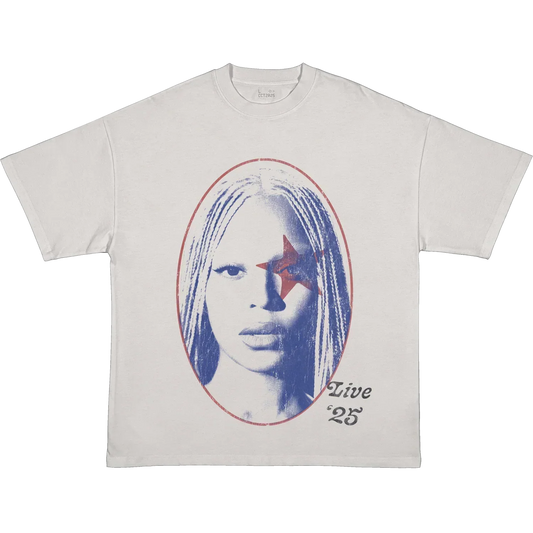 White Beyoncé merch YAYA tee front view with portrait graphic, red star, and Live 25 text