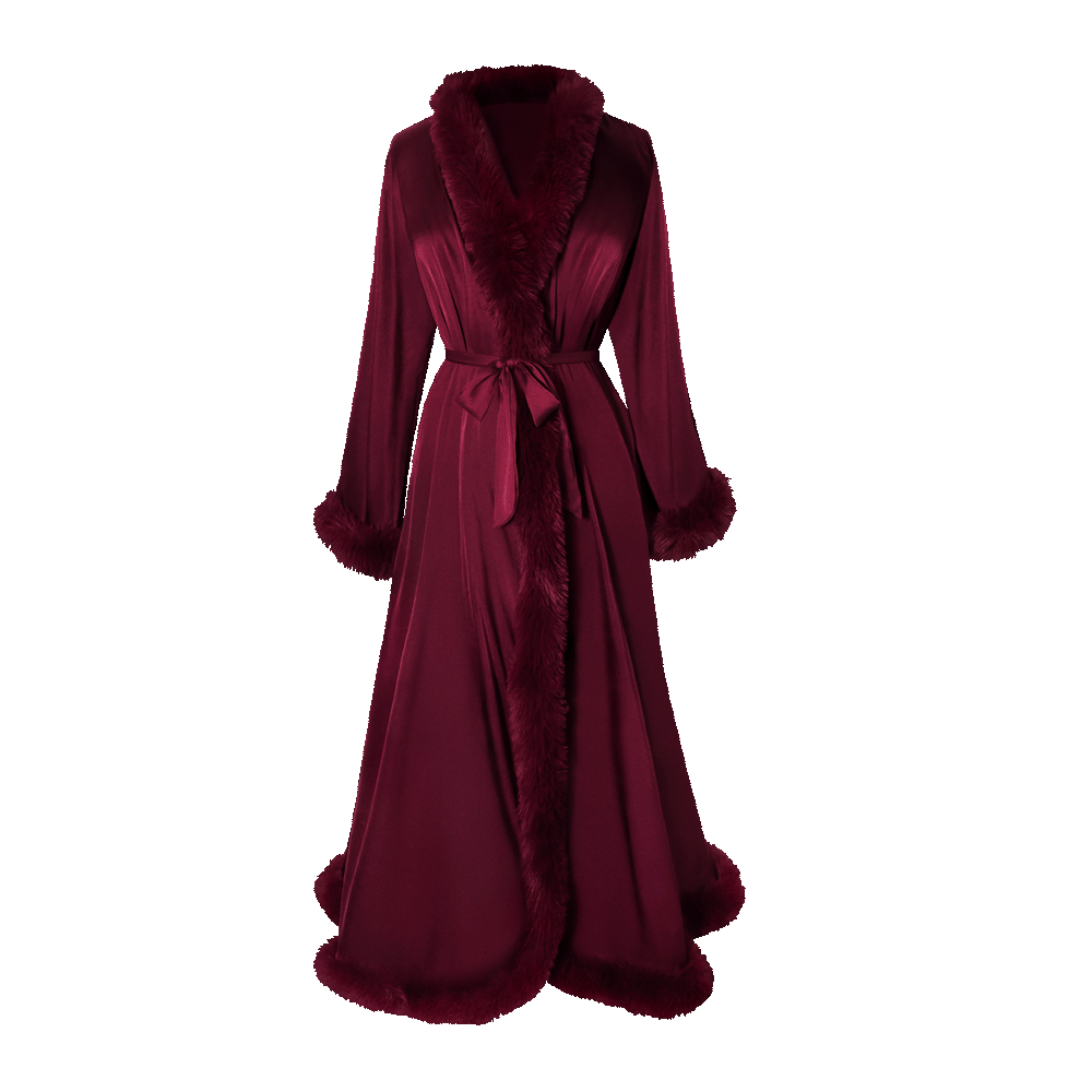 Cherry wine Beyoncé merch satin robe front with plush faux fur trim and luxury Renaissance-inspired silhouette