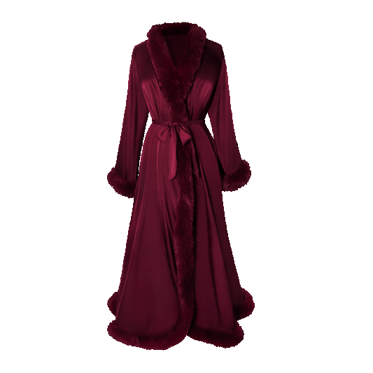 Cherry wine Beyoncé merch satin robe front with plush faux fur trim and luxury Renaissance-inspired silhouette
