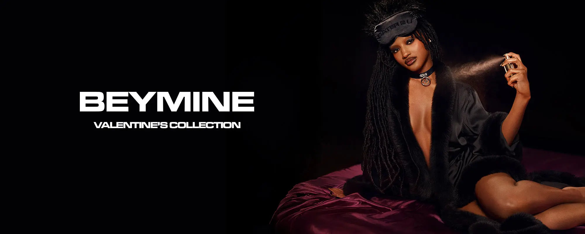 Model with hair extensions and 'Beymine' branding on a dark background