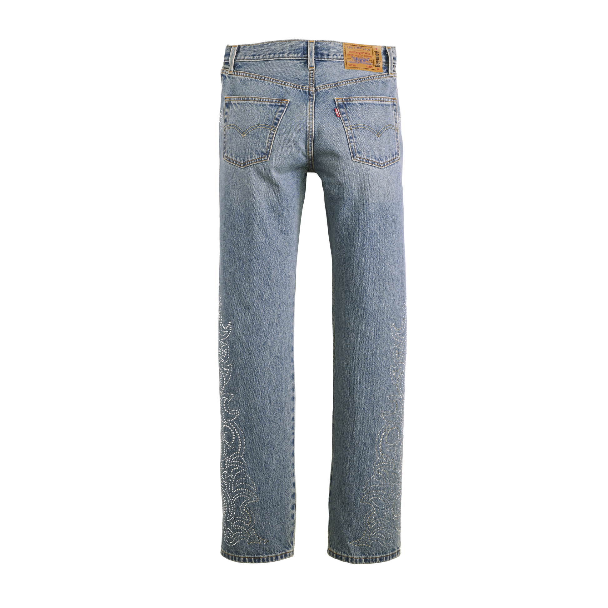 Beyoncé x Levi’s 501 Curve Western Crystal jeans back in vintage light wash denim with sparkling rhinestone western accents and classic fit