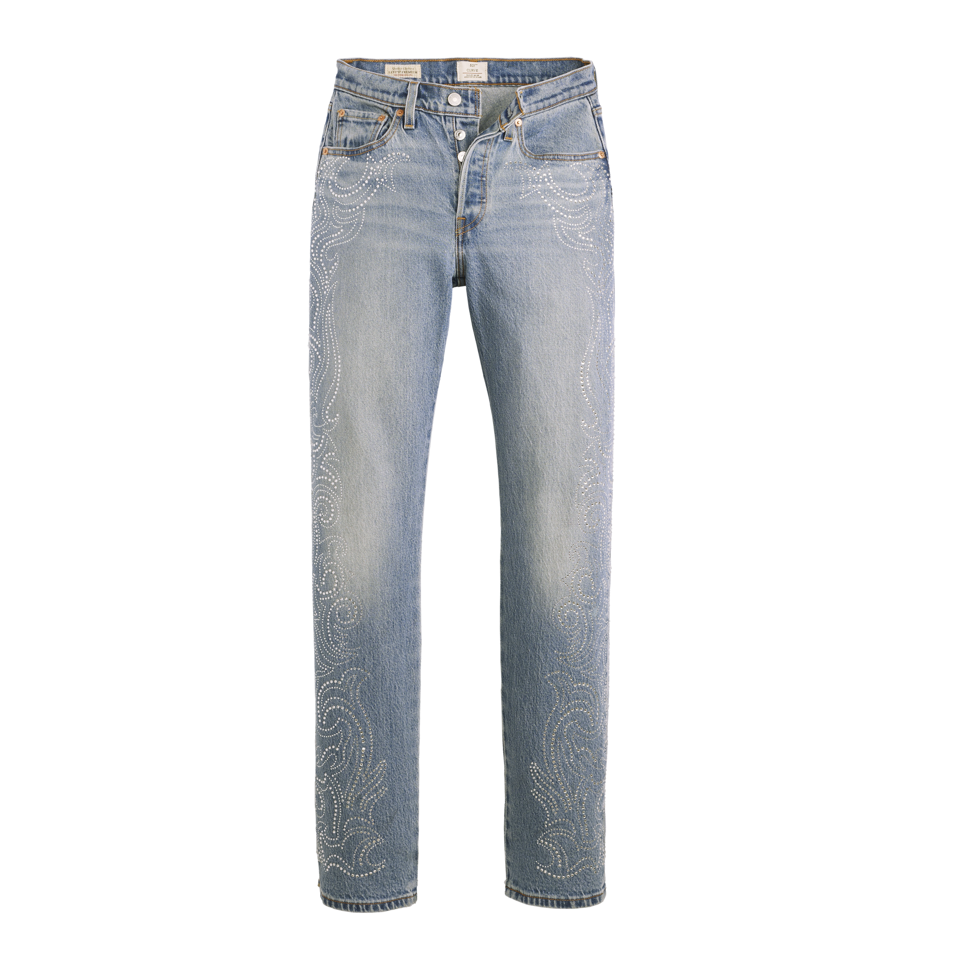 Beyoncé x Levi’s 501 Curve Western Crystal jeans front in light wash denim with rhinestone western swirl detailing and straight leg fit