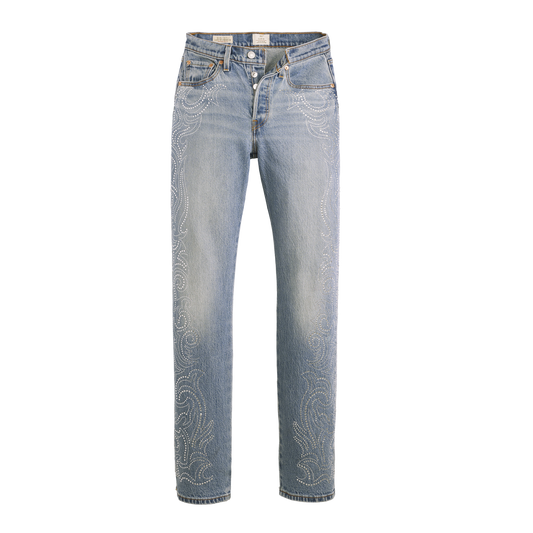 Beyoncé x Levi’s 501 Curve Western Crystal jeans front in light wash denim with rhinestone western swirl detailing and straight leg fit