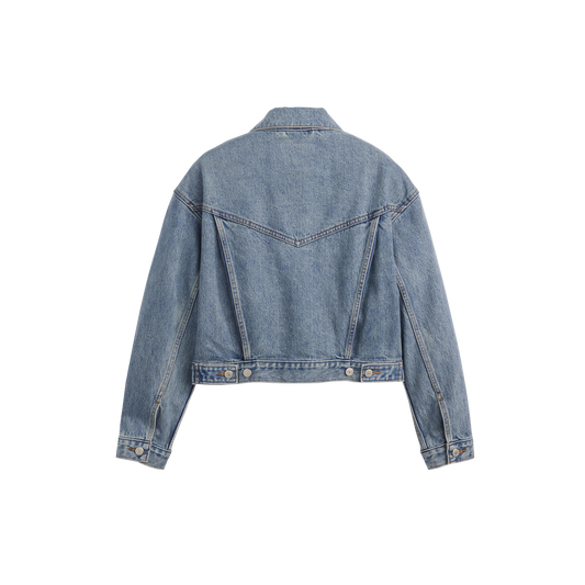 Beyoncé x Levi’s 90s shrunken trucker jacket back featuring classic light wash denim and timeless western streetwear silhouette