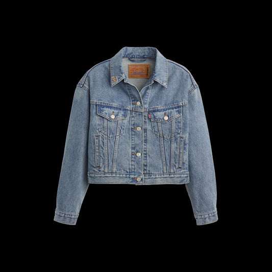 Beyoncé x Levi’s 90s shrunken trucker jacket front in authentic light wash denim with cropped vintage western-inspired fit