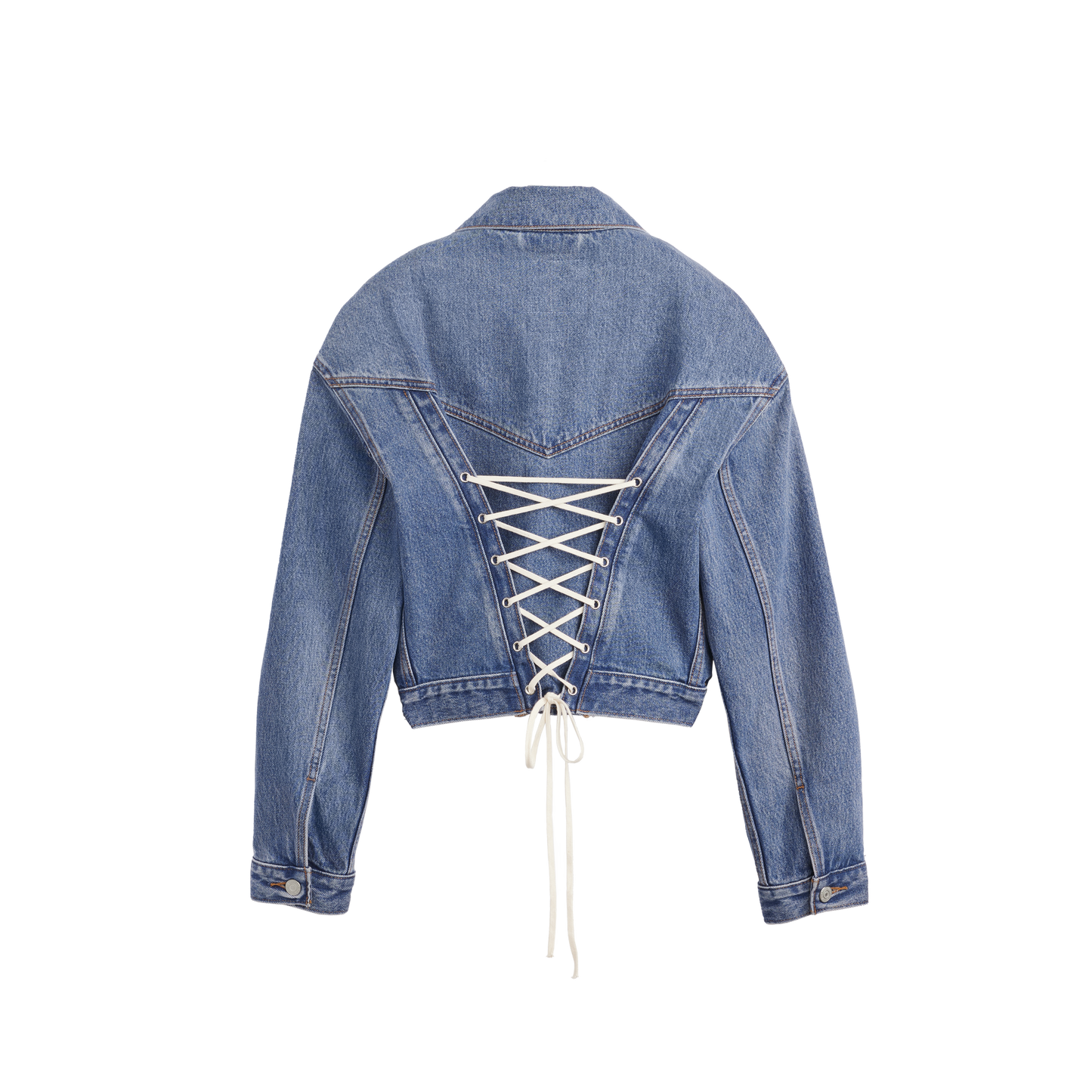 Beyoncé x Levi’s laced up trucker jacket back featuring corset lace detail on vintage light wash denim cropped jacket design