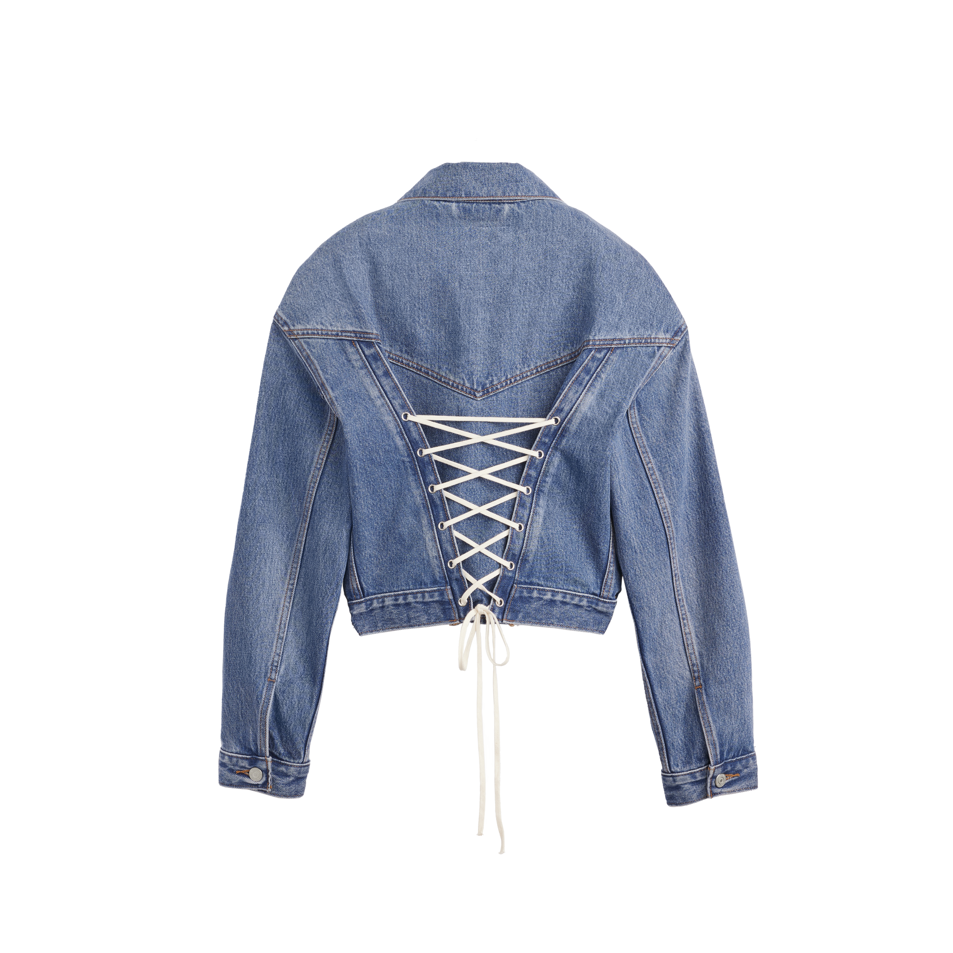 Beyoncé x Levi’s laced up trucker jacket back featuring corset lace detail on vintage light wash denim cropped jacket design