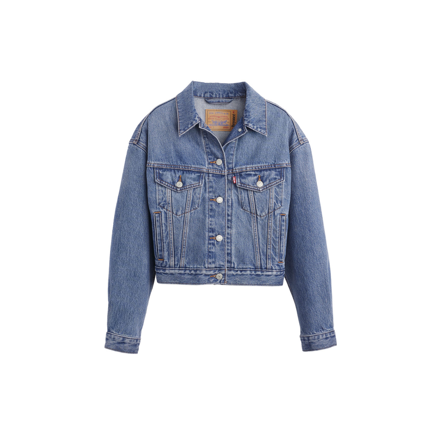 Beyoncé x Levi’s 90s shrunken trucker jacket front in vintage light wash denim with cropped silhouette and classic western styling