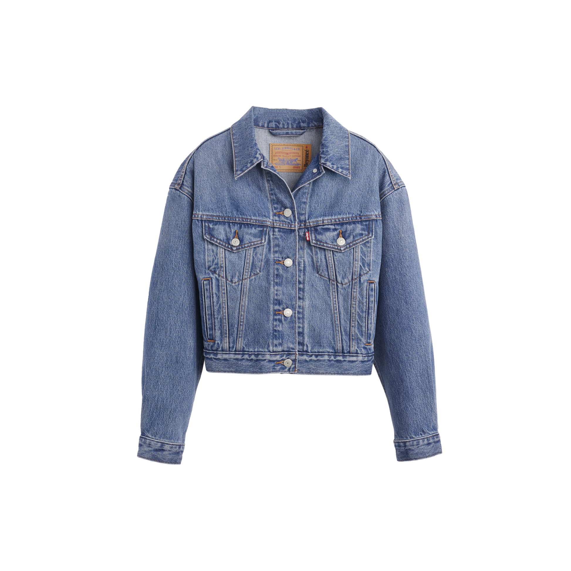 Beyoncé x Levi’s 90s shrunken trucker jacket front in vintage light wash denim with cropped silhouette and classic western styling