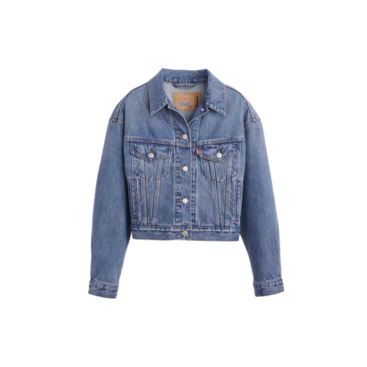 Beyoncé x Levi’s 90s shrunken trucker jacket front in vintage light wash denim with cropped silhouette and classic western styling