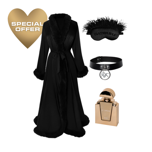 CÉ LUMIÈRE BODYGUARD bundle set with black robe, sleep mask, choker, perfume, and special offer heart