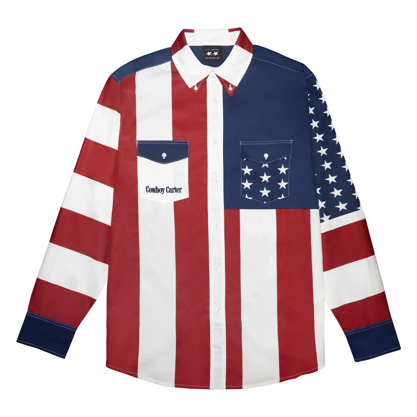 Cowboy Carter woven shirt front with American flag patchwork design, western button-up style, and Beyoncé-inspired country aesthetic