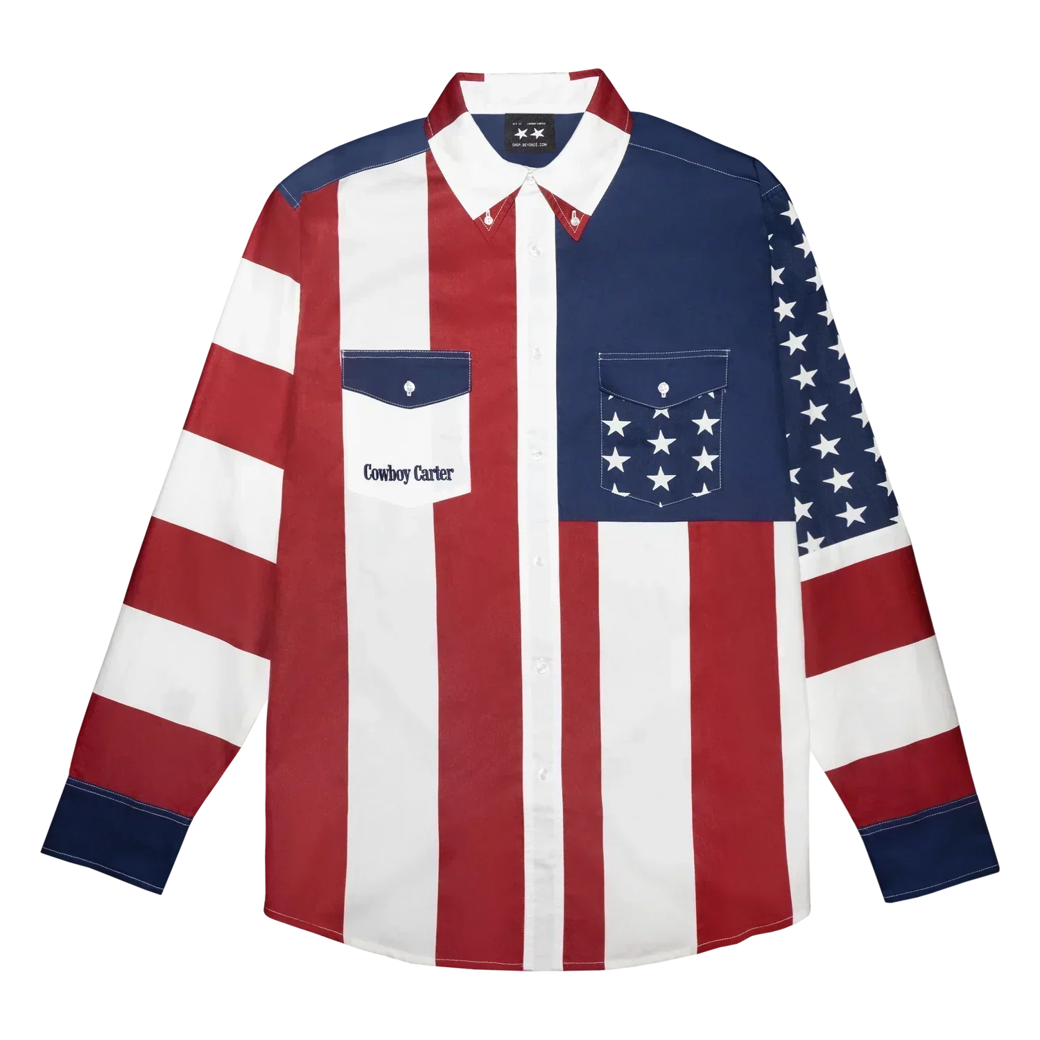 Cowboy Carter woven shirt front with American flag patchwork design, western button-up style, and Beyoncé-inspired country aesthetic
