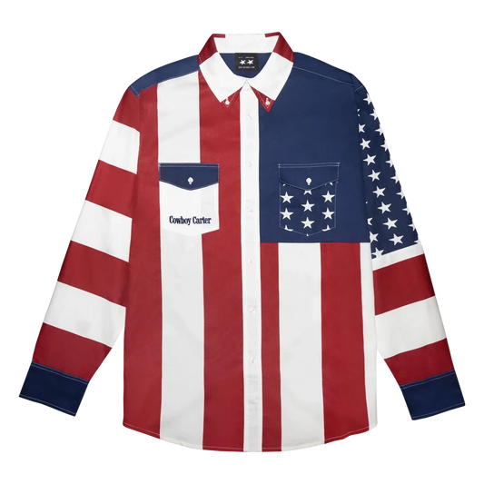 Cowboy Carter woven shirt front with American flag patchwork design, western button-up style, and Beyoncé-inspired country aesthetic