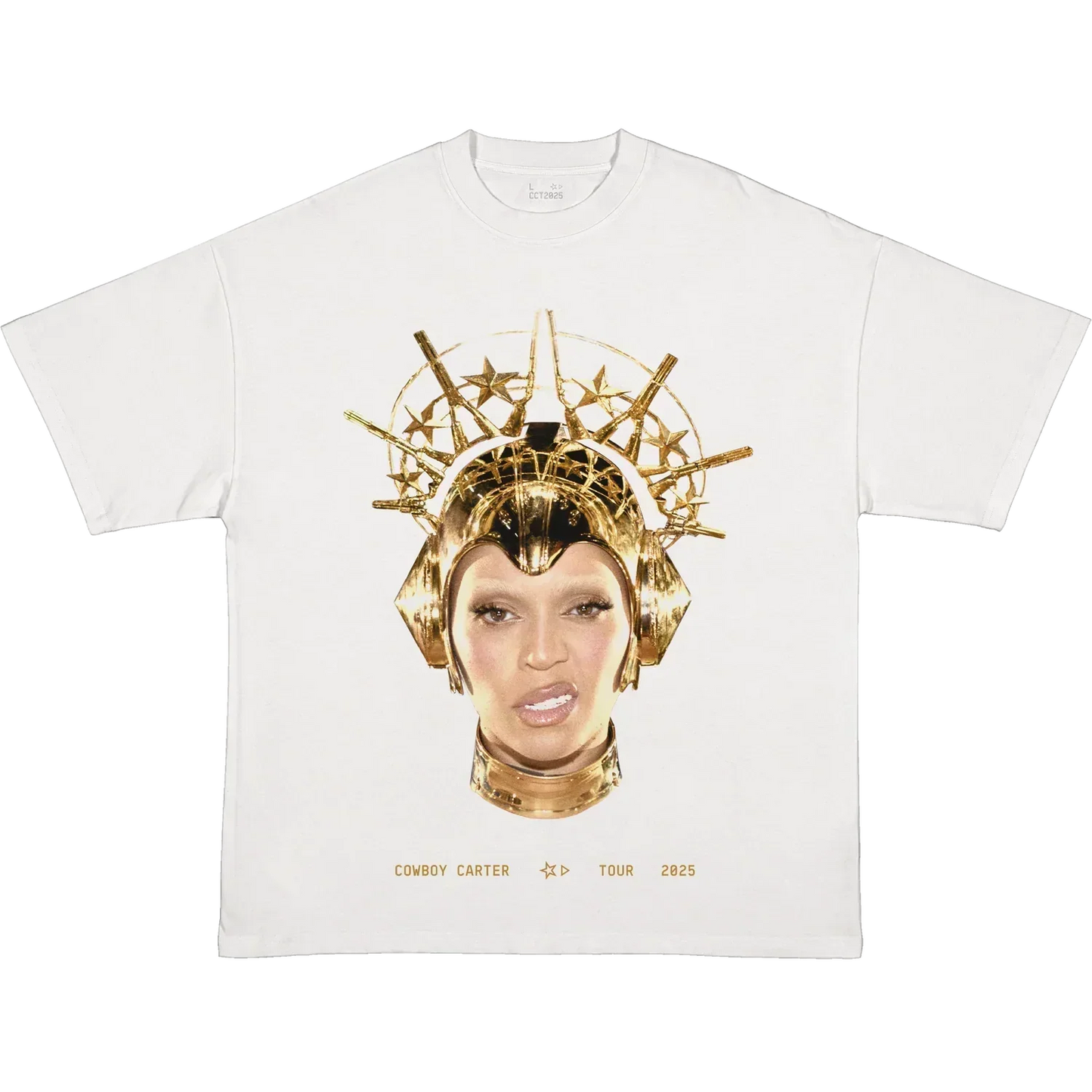 II HANDS II HEAVEN white Cowboy Carter tour tee front with gold Beyoncé crown portrait graphic
