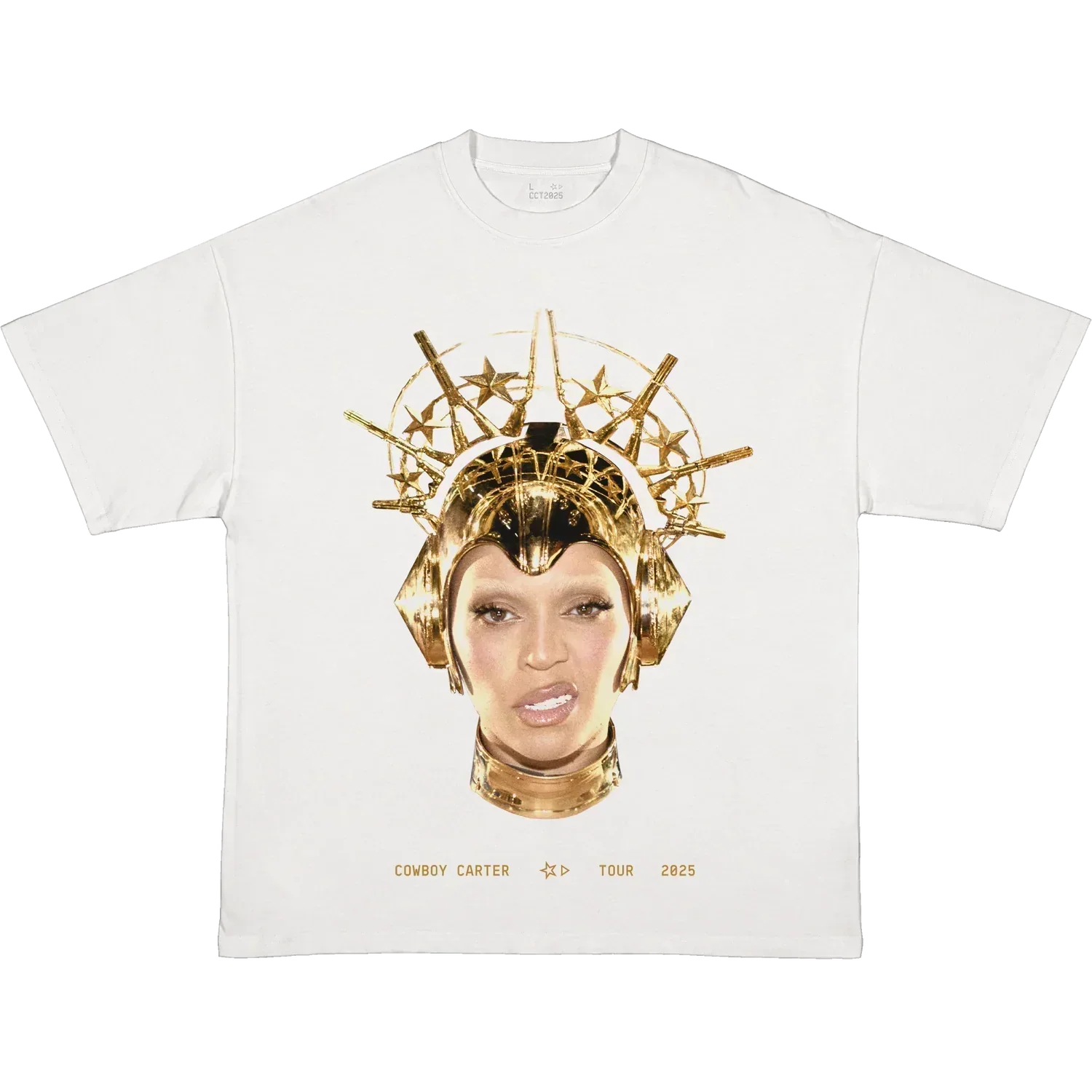 II HANDS II HEAVEN white Cowboy Carter tour tee front with gold Beyoncé crown portrait graphic
