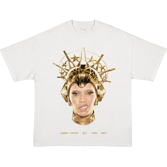 II HANDS II HEAVEN white Cowboy Carter tour tee front with gold Beyoncé crown portrait graphic