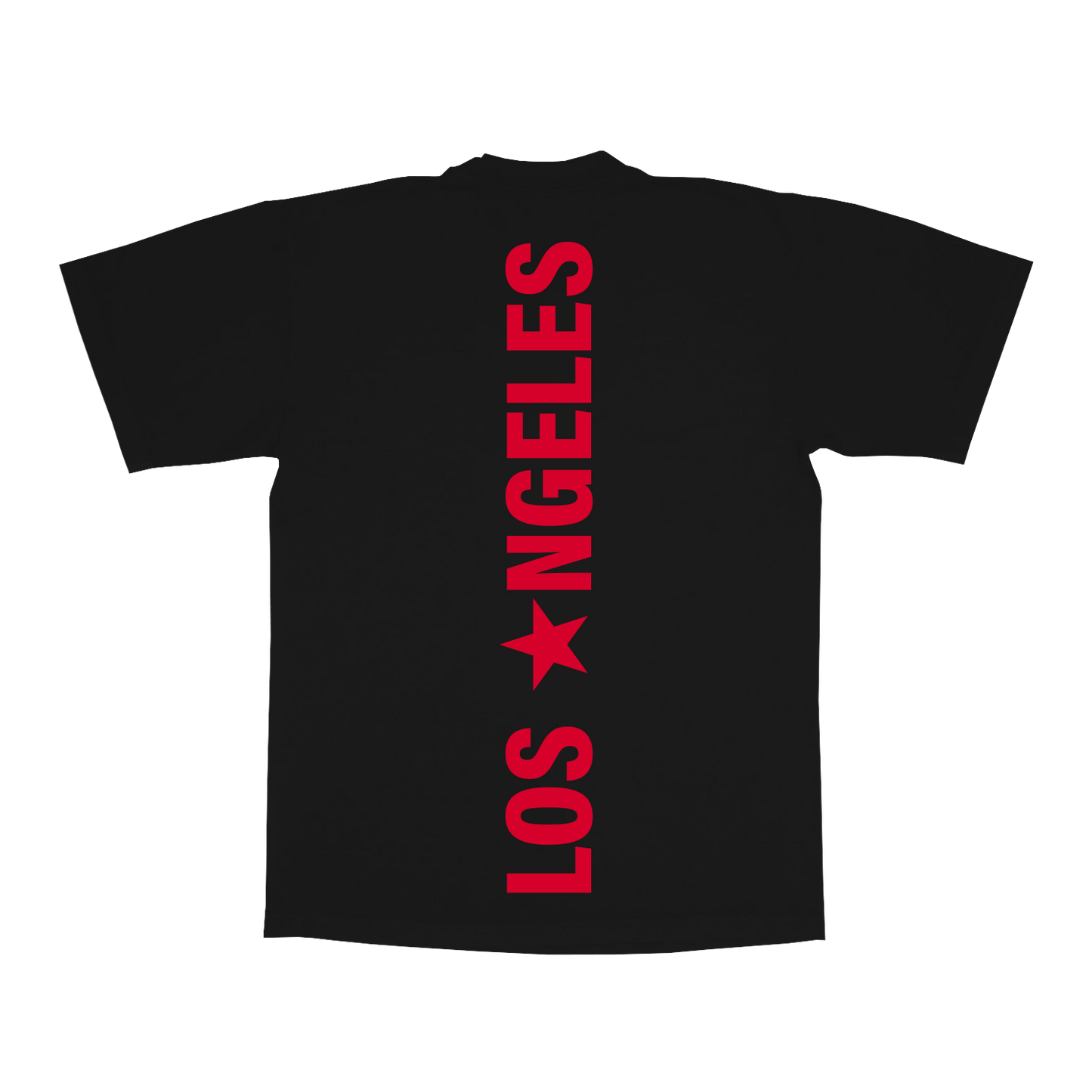 LA WEB EXCLUSIVE black tee back with vertical red Los Angeles star text graphic