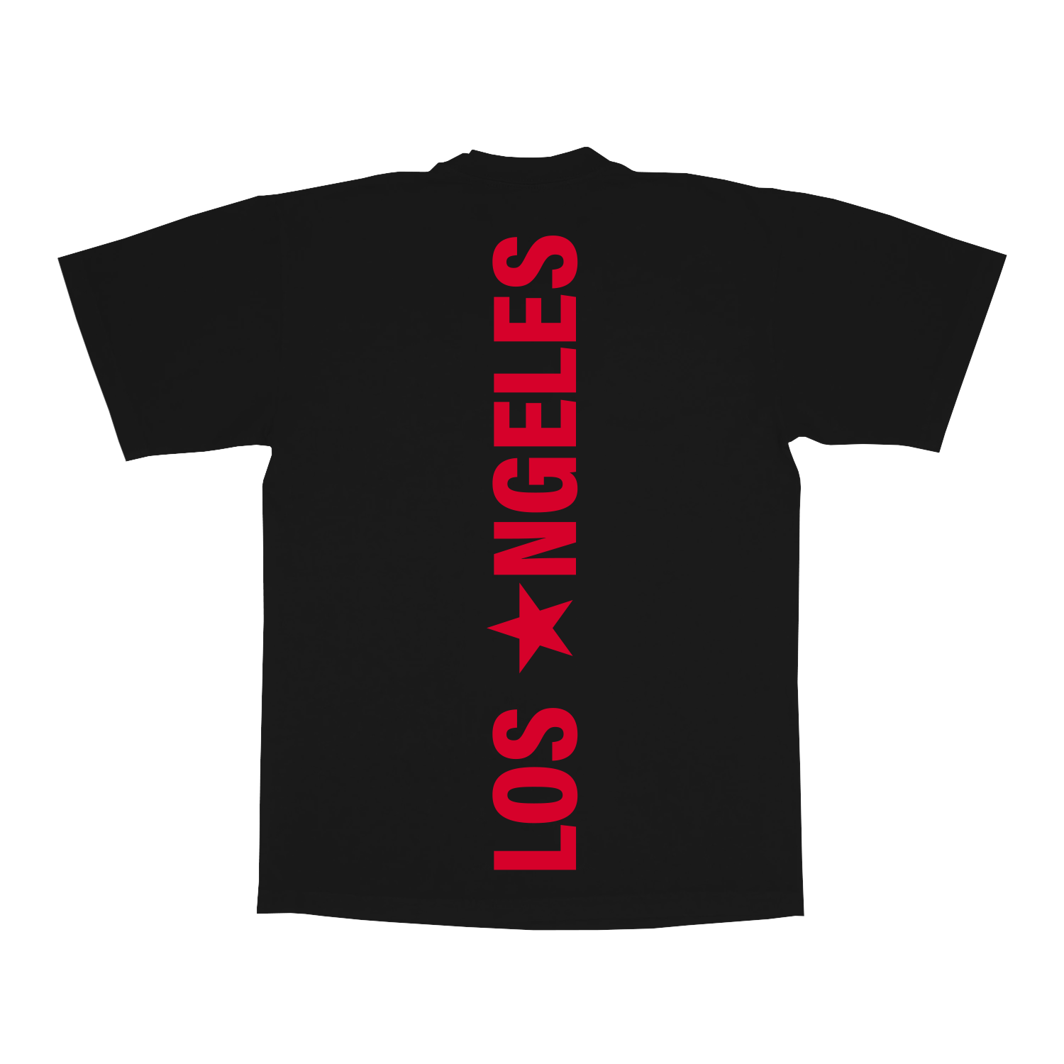 LA WEB EXCLUSIVE black tee back with vertical red Los Angeles star text graphic