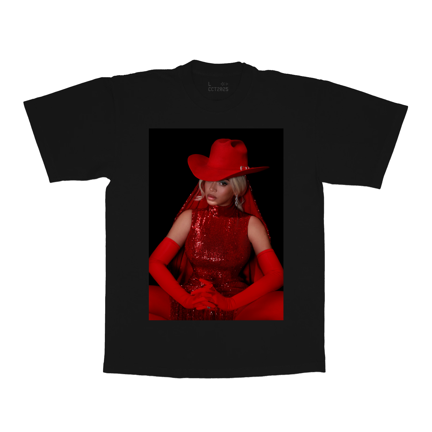 LA WEB EXCLUSIVE black tee front with red cowboy portrait graphic and bold Beyoncé tour-inspired design