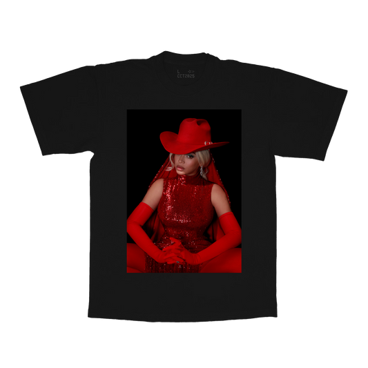 LA WEB EXCLUSIVE black tee front with red cowboy portrait graphic and bold Beyoncé tour-inspired design