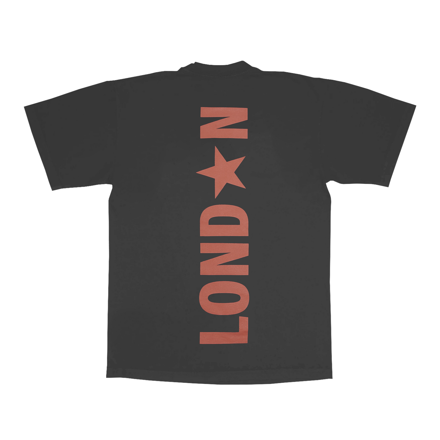 Back view of grey Beyoncé LND web exclusive tee with oversized London vertical text graphic in muted red western style print
