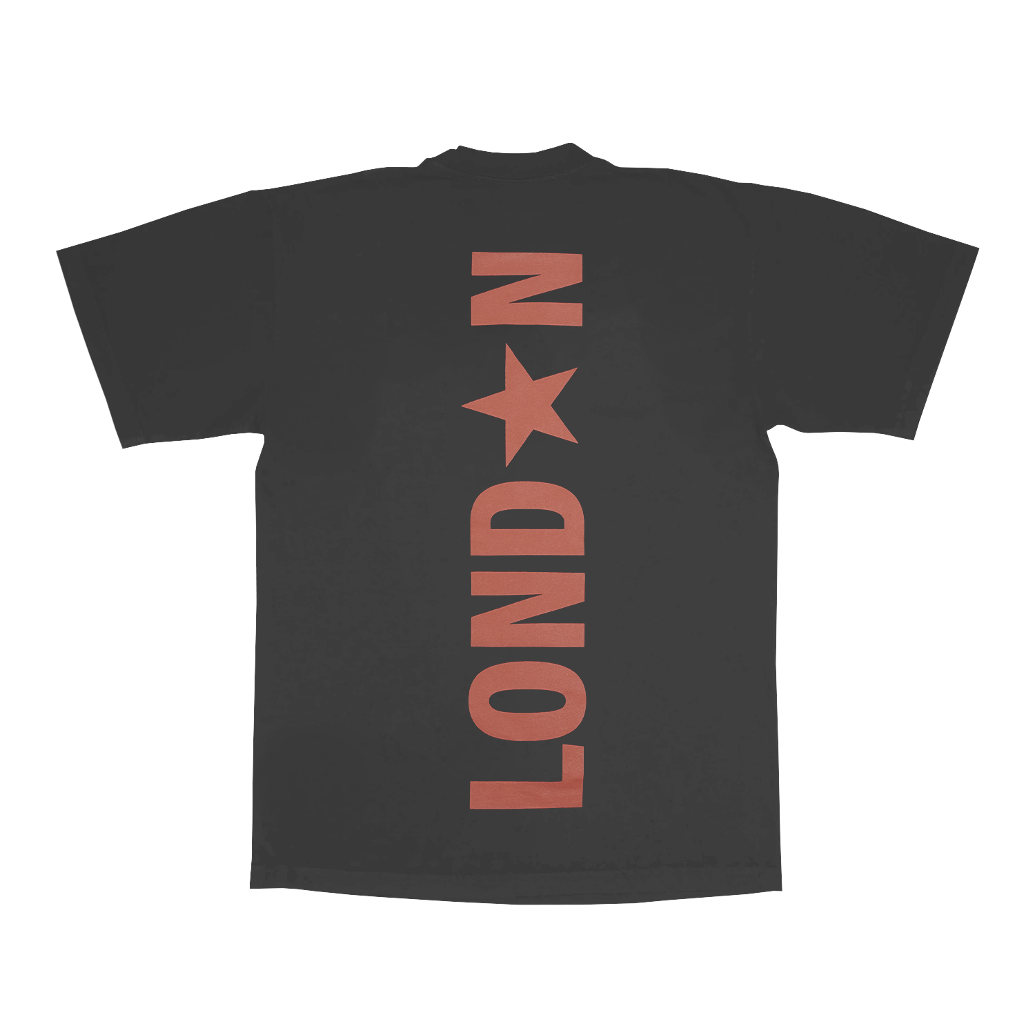 Back view of grey Beyoncé LND web exclusive tee with oversized London vertical text graphic in muted red western style print