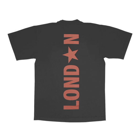 Back view of grey Beyoncé LND web exclusive tee with oversized London vertical text graphic in muted red western style print