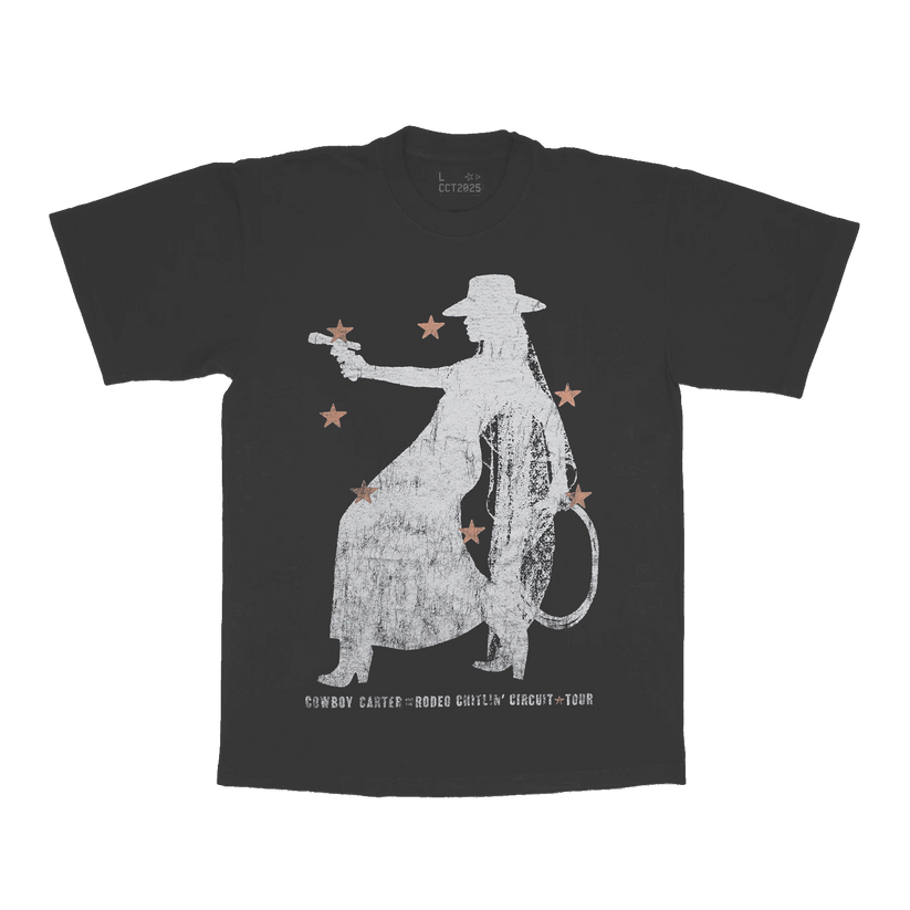 Grey Beyoncé LND web exclusive tee featuring Cowboy Carter rodeo queen graphic with vintage western tour inspired artwork on front