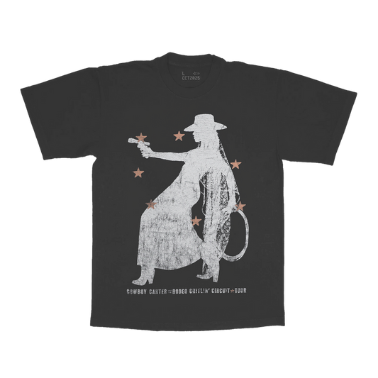 Grey Beyoncé LND web exclusive tee featuring Cowboy Carter rodeo queen graphic with vintage western tour inspired artwork on front