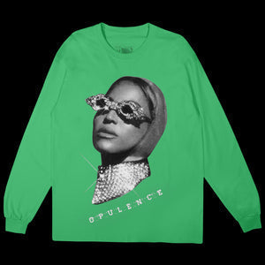 OPULENCE black long sleeve tee front with luxury Beyoncé graphic and bold Renaissance-inspired statement design